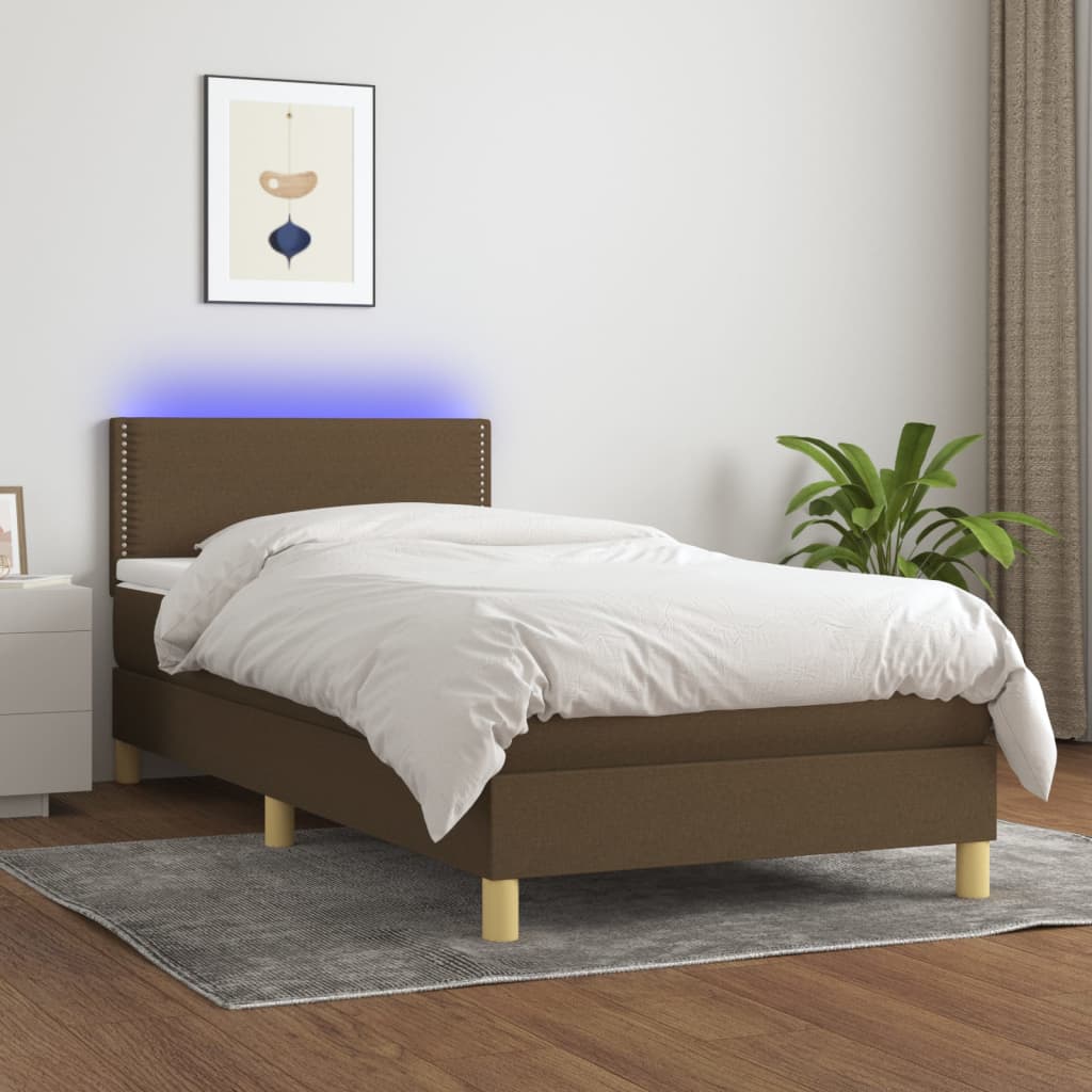 Cama box spring c/ colchão/LED 80x200cm tecido castanho-escuro