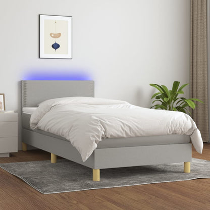 Cama box spring c/ colchão e LED 90x190 cm tecido cinza-claro