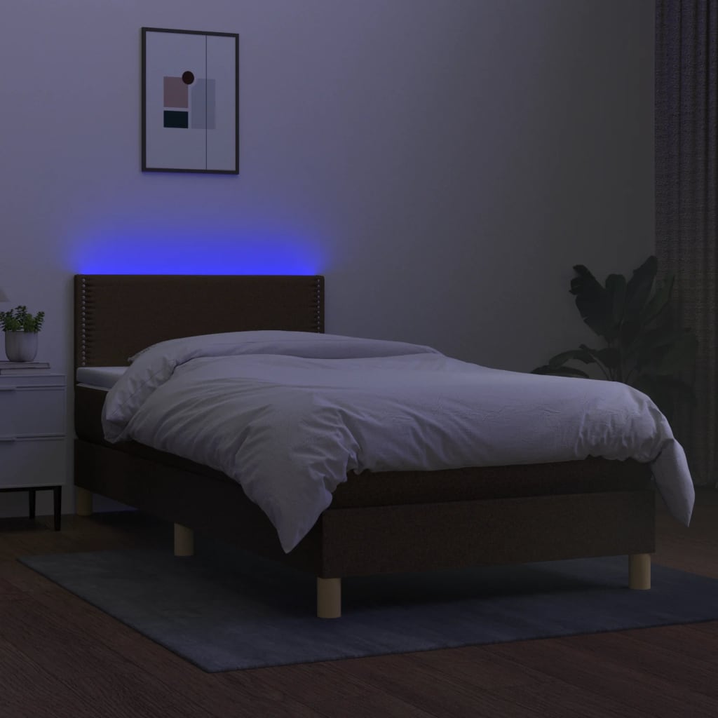 Cama box spring c/ colchão/LED 90x200 cm tecido castanho-escuro