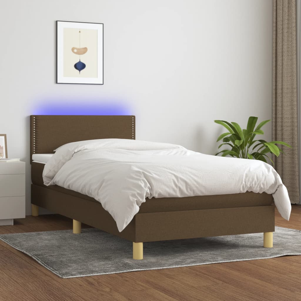 Cama box spring c/ colchão/LED 90x200 cm tecido castanho-escuro