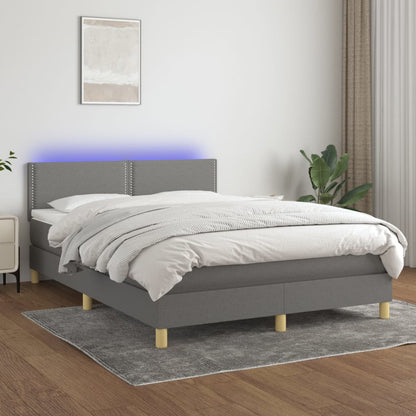 Cama box spring c/ colchão e LED 140x190 cm tecido cinza-escuro