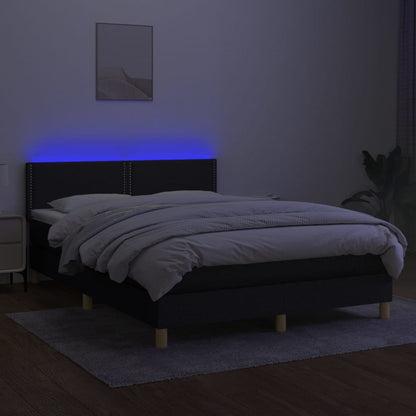 Cama box spring c/ colchão e LED 140x190 cm tecido preto