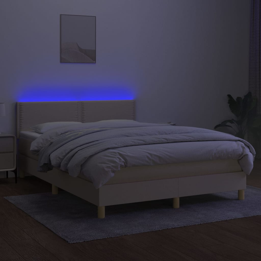 Cama box spring c/ colchão e LED 140x190 cm tecido cor creme