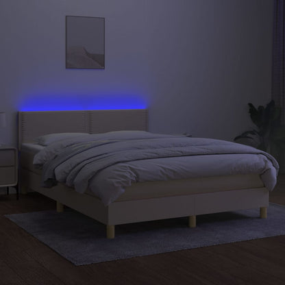 Cama box spring c/ colchão e LED 140x190 cm tecido cor creme