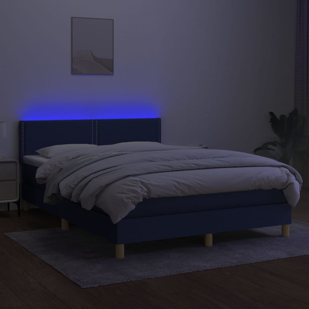 Cama box spring c/ colchão e LED 140x190 cm tecido azul