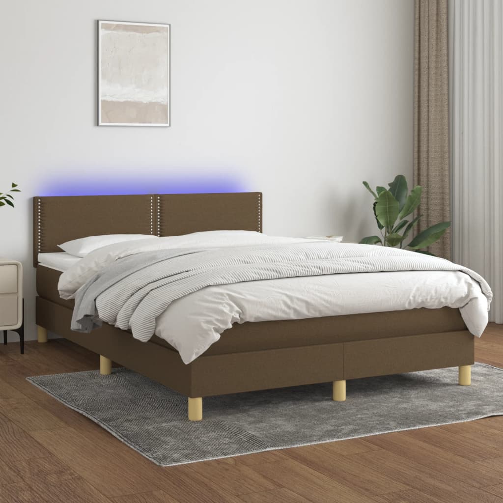 Cama box spring c/ colchão/LED 140x200cm tecido castanho-escuro