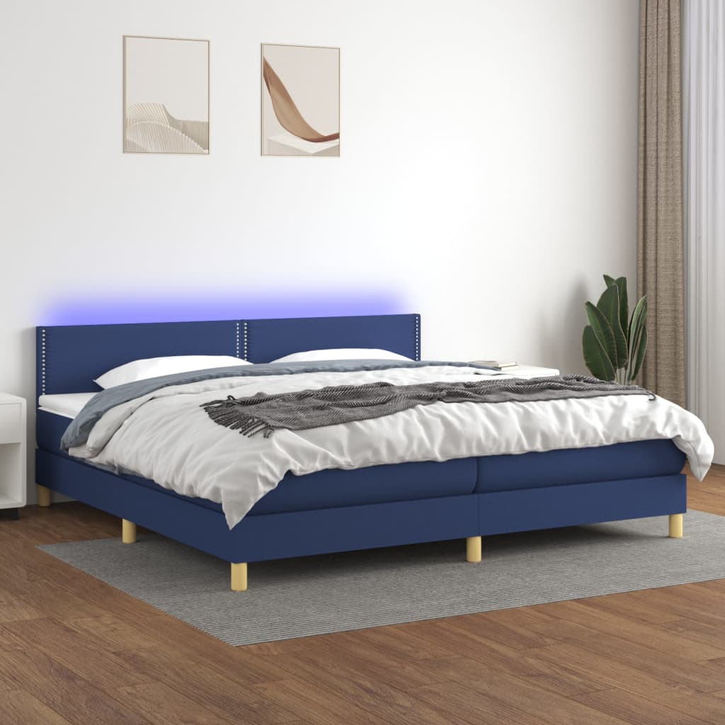 Cama box spring c/ colchão e LED 200x200 cm tecido azul