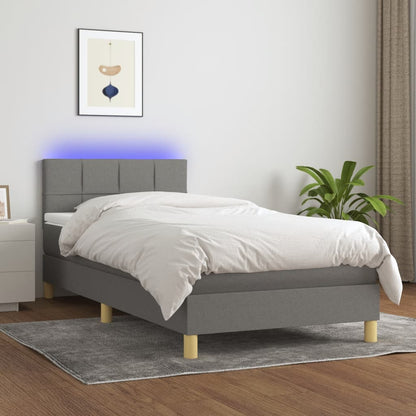 Cama box spring c/ colchão e LED 100x200 cm tecido cinza-escuro