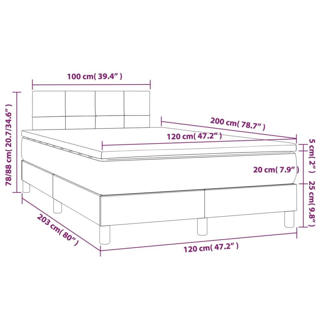 Cama box spring c/ colchão e LED 120x200 cm tecido cinza-claro