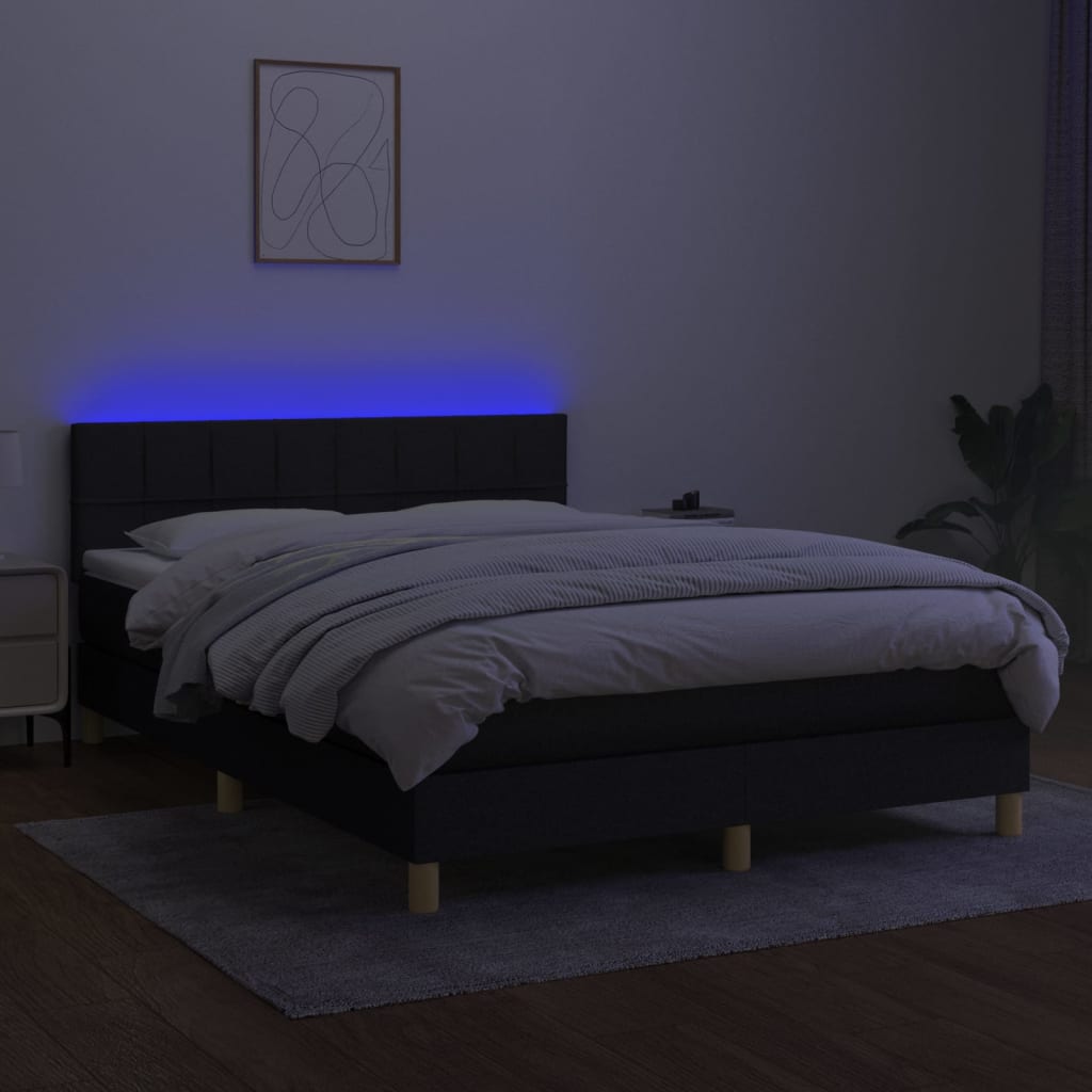 Cama box spring c/ colchão e LED 140x190 cm tecido preto