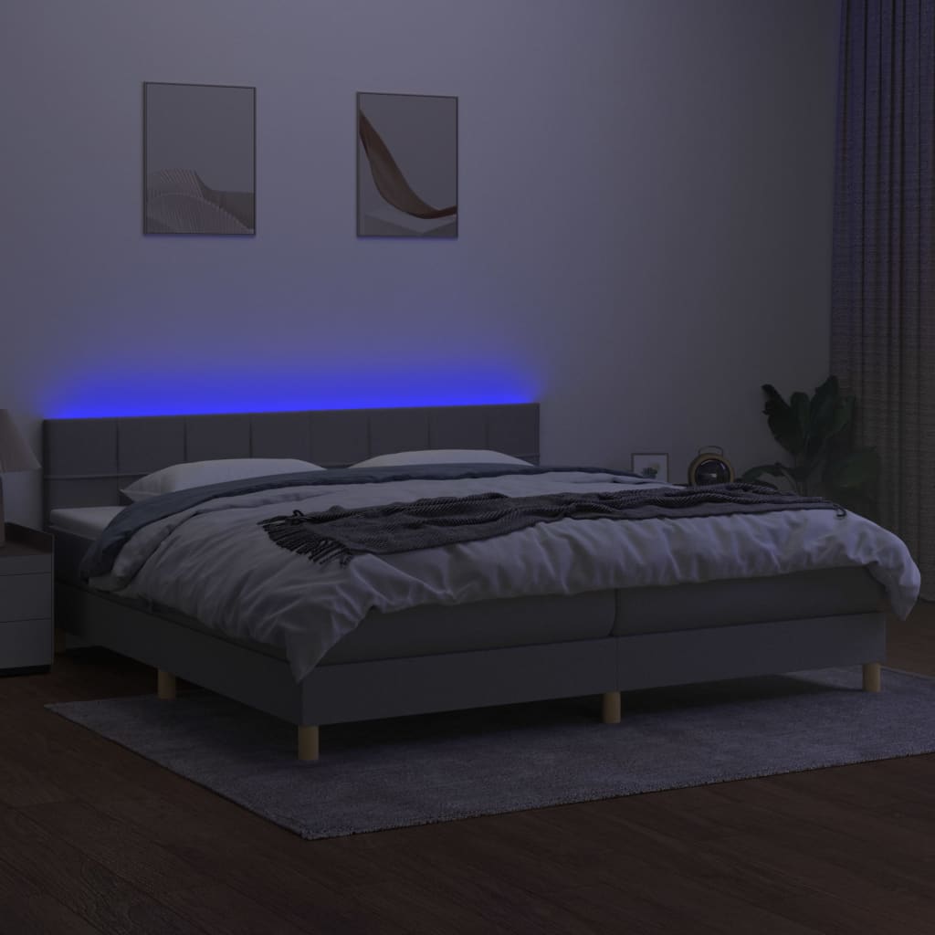 Cama box spring c/ colchão e LED 200x200 cm tecido cinza-claro