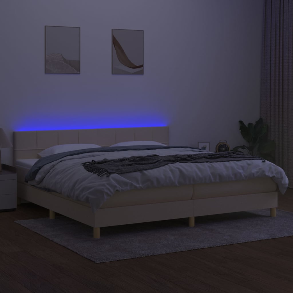 Cama box spring c/ colchão e LED 200x200 cm tecido cor creme