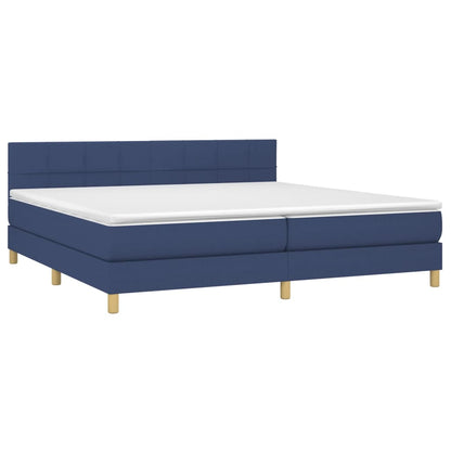 Cama box spring c/ colchão e LED 200x200 cm tecido azul