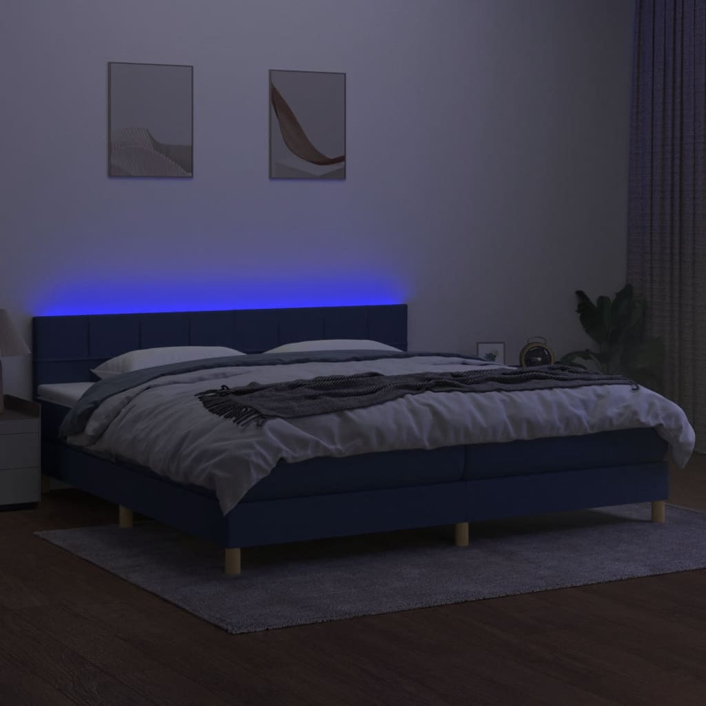 Cama box spring c/ colchão e LED 200x200 cm tecido azul