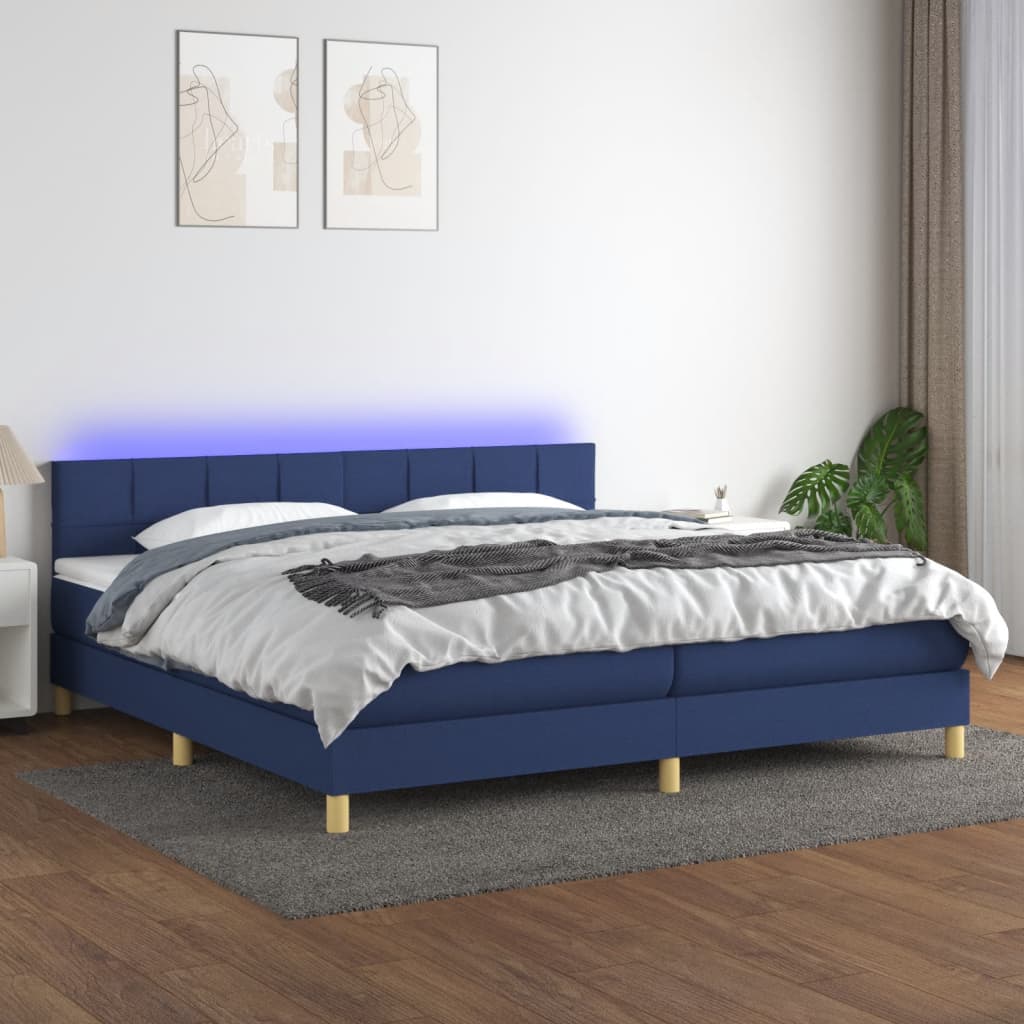 Cama box spring c/ colchão e LED 200x200 cm tecido azul