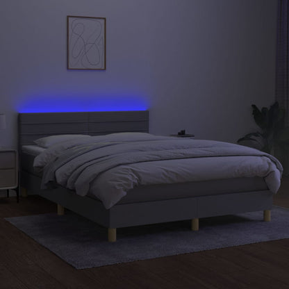 Cama box spring c/ colchão e LED 140x190 cm tecido cinza-claro