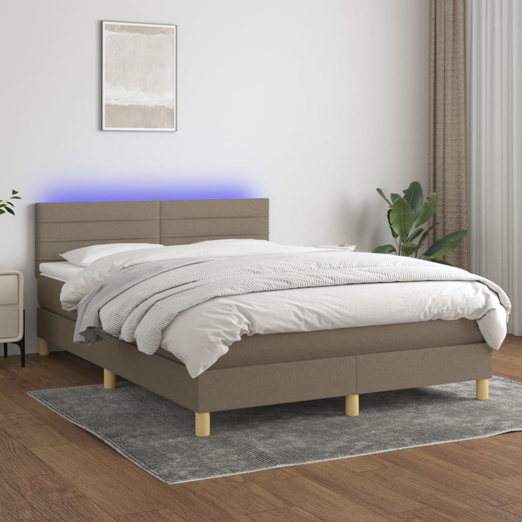 Cama box spring colchão/LED 140x190cm tecido cinza-acastanhado