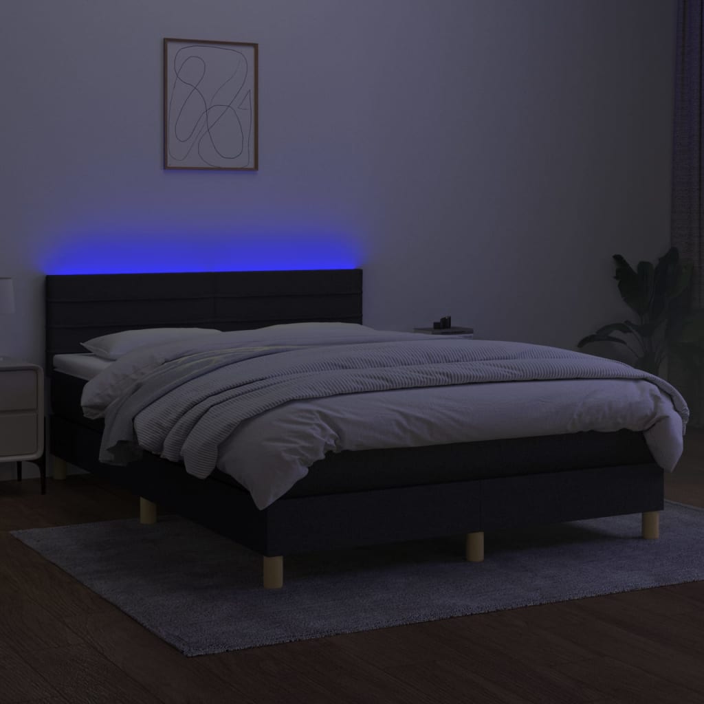 Cama box spring c/ colchão e LED 140x200 cm tecido preto