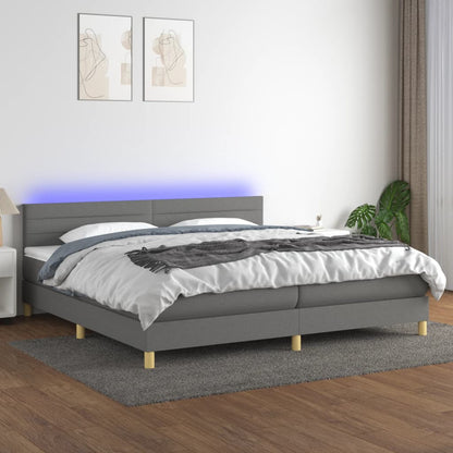 Cama box spring c/ colchão e LED 200x200 cm tecido cinza-escuro