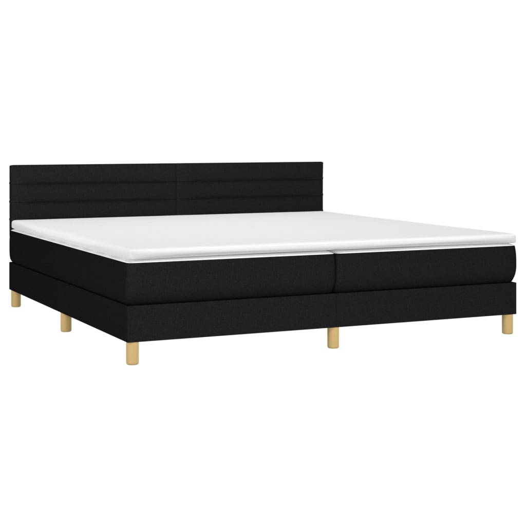 Cama box spring c/ colchão e LED 200x200 cm tecido preto