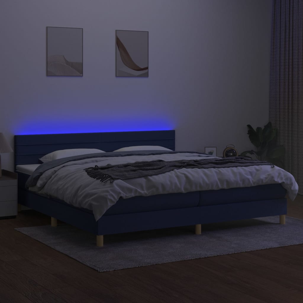 Cama box spring c/ colchão e LED 200x200 cm tecido azul