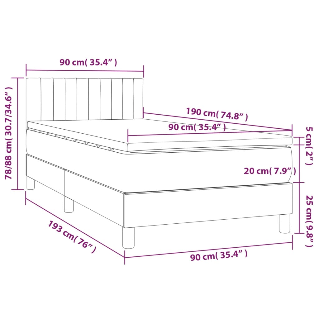 Cama box spring c/ colchão e LED 90x190 cm tecido cor creme