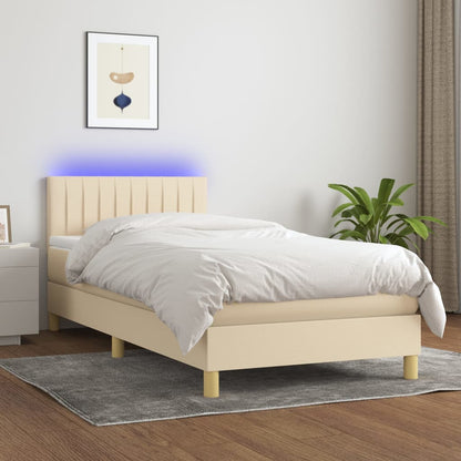 Cama box spring c/ colchão e LED 90x200 cm tecido cor creme