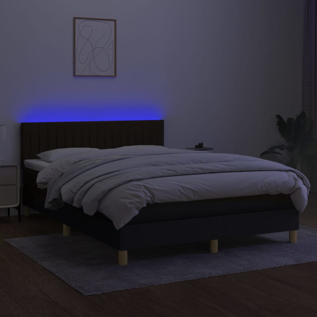 Cama box spring c/ colchão e LED 140x200 cm tecido preto