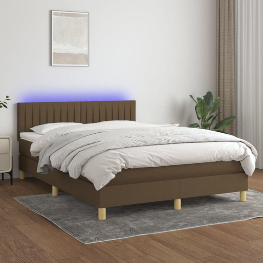 Cama box spring c/ colchão/LED 140x200cm tecido castanho-escuro