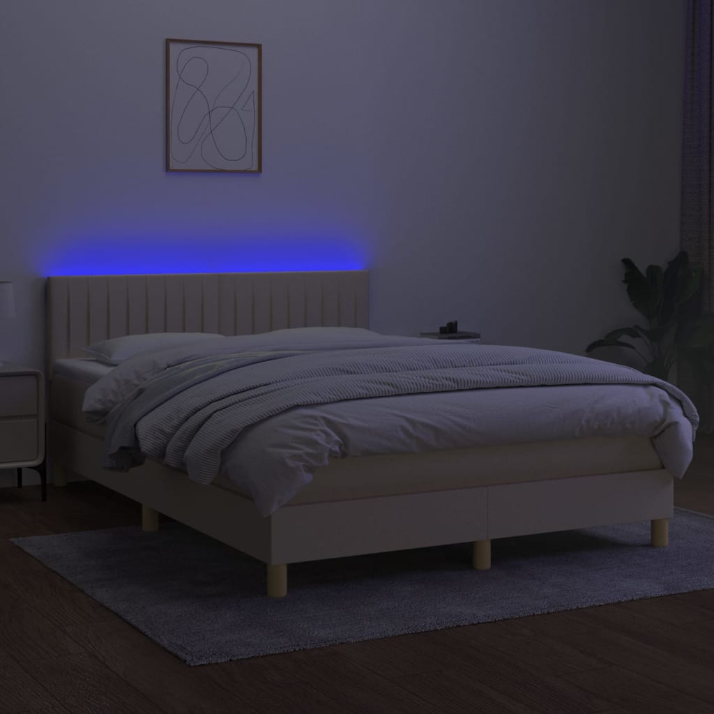 Cama box spring c/ colchão e LED 140x200 cm tecido cor creme