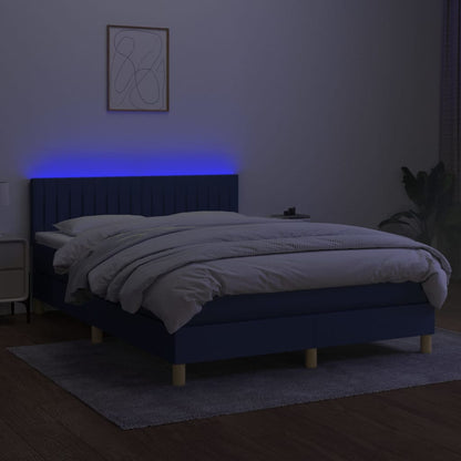 Cama box spring c/ colchão e LED 140x200 cm tecido azul