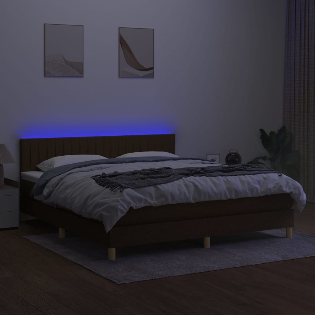 Cama box spring c/ colchão/LED 180x200cm tecido castanho-escuro