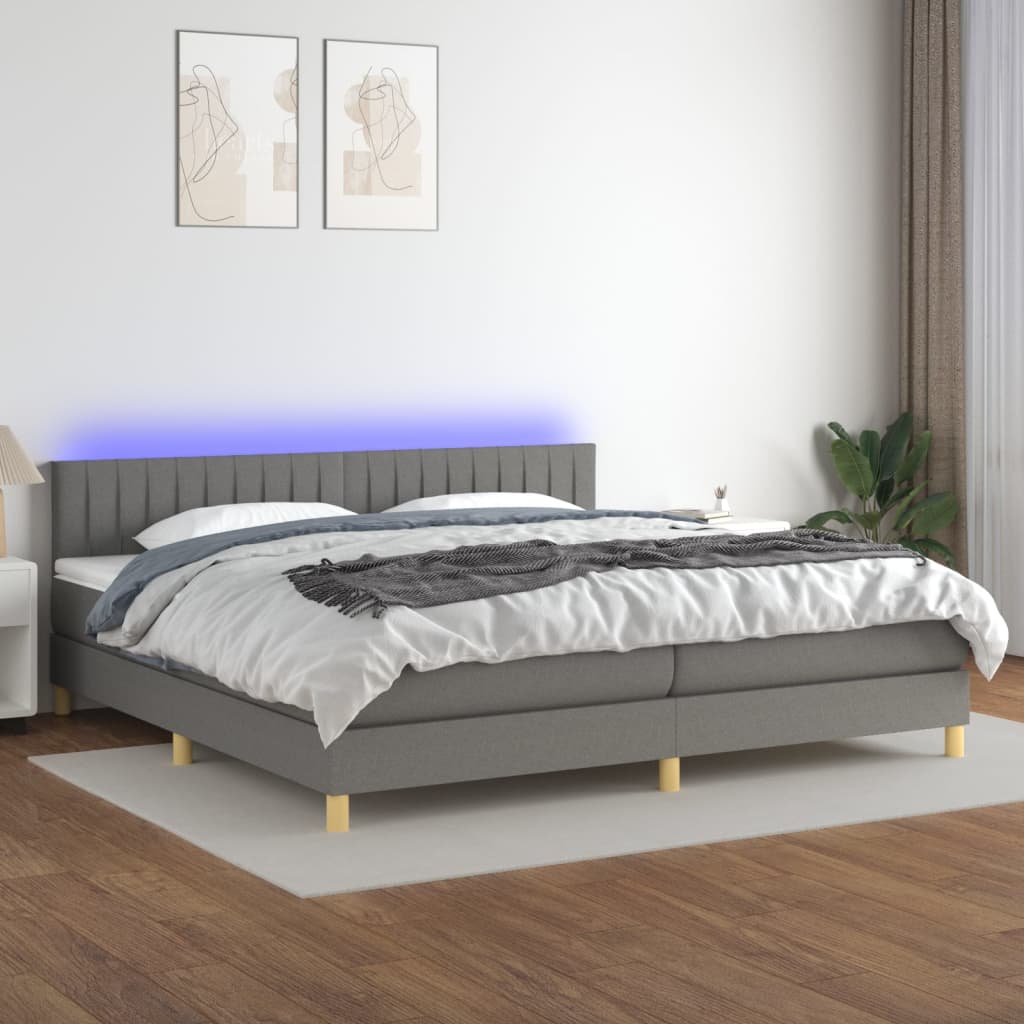 Cama box spring c/ colchão e LED 200x200 cm tecido cinza-escuro