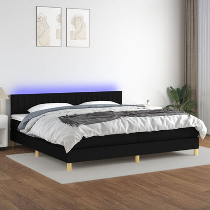 Cama box spring c/ colchão e LED 200x200 cm tecido preto