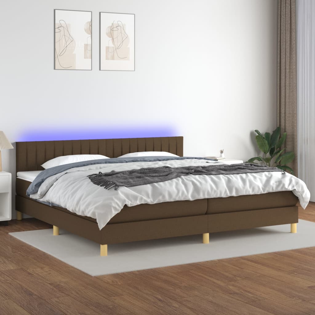 Cama box spring c/ colchão/LED 200x200cm tecido castanho-escuro