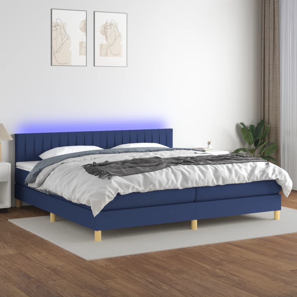 Cama box spring c/ colchão e LED 200x200 cm tecido azul