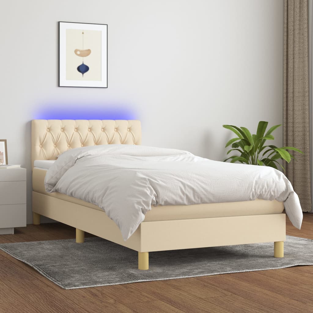 Cama box spring c/ colchão e LED 100x200 cm tecido cor creme