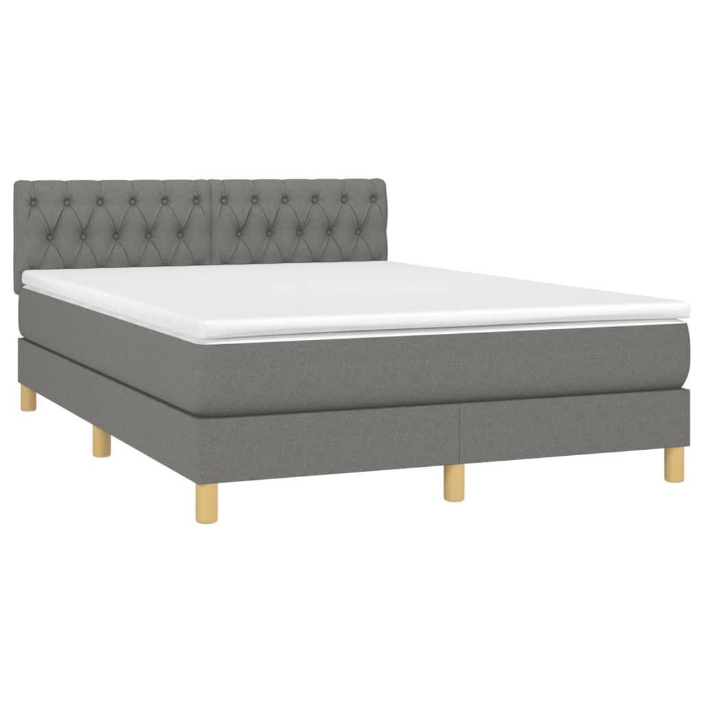 Cama box spring c/ colchão e LED 140x190 cm tecido cinza-escuro