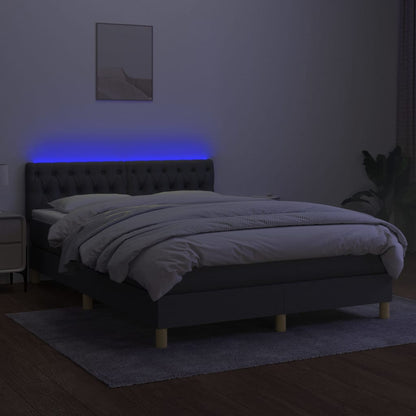 Cama box spring c/ colchão e LED 140x190 cm tecido cinza-escuro