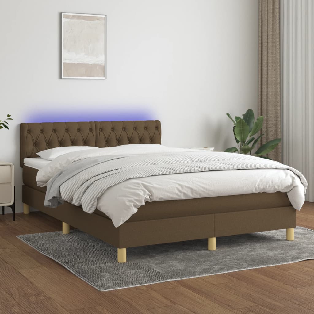 Cama box spring c/ colchão/LED 140x190cm tecido castanho-escuro