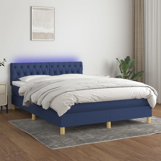 Cama box spring c/ colchão e LED 140x200 cm tecido azul