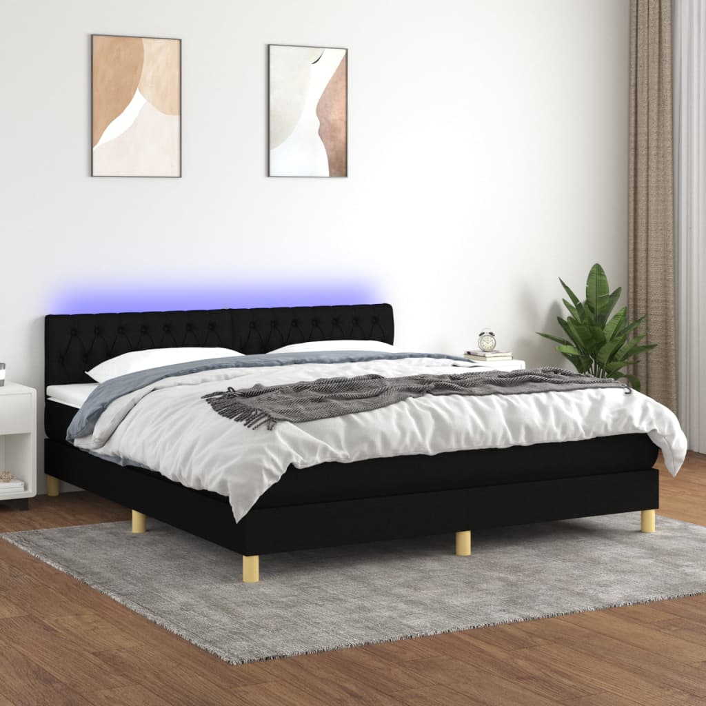 Cama box spring c/ colchão e LED 160x200 cm tecido preto