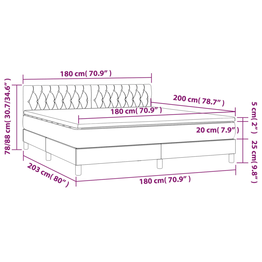 Cama box spring colchão/LED 180x200cm tecido cinza-acastanhado