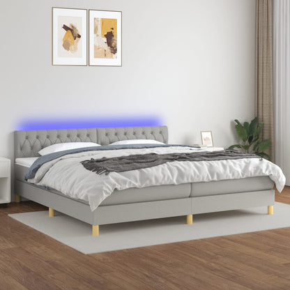 Cama box spring c/ colchão e LED 200x200 cm tecido cinza-claro