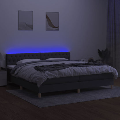 Cama box spring c/ colchão e LED 200x200 cm tecido cinza-escuro