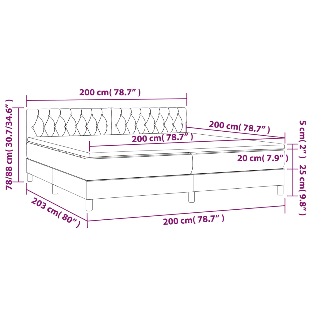 Cama box spring c/ colchão e LED 200x200 cm tecido cinza-escuro