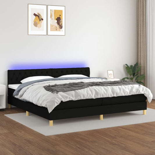 Cama box spring c/ colchão e LED 200x200 cm tecido preto