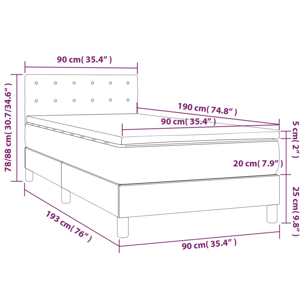 Cama box spring c/ colchão e LED 90x190 cm tecido cor creme