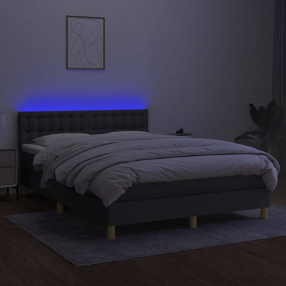 Cama box spring c/ colchão e LED 140x190 cm tecido cinza-escuro