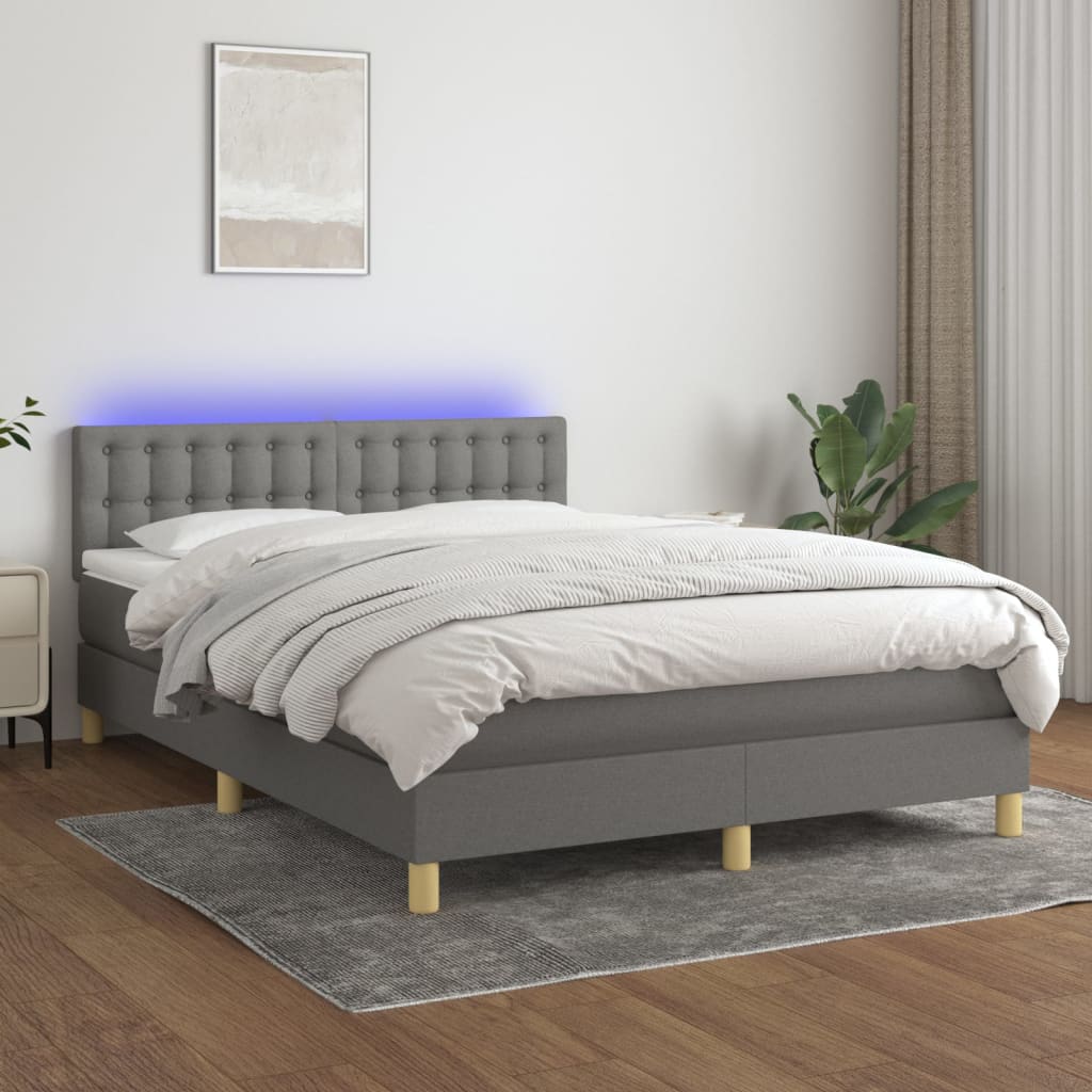 Cama box spring c/ colchão e LED 140x190 cm tecido cinza-escuro